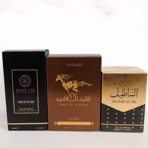 Combo Perfume 6 Qaed Al fursan Marrón, Philos Opus Noir y Sultan Al Lail