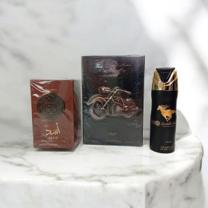Combo Perfume La Collection D’antiquités 1910, Asad Bourbon y Desodorante Qaed al Fursan
